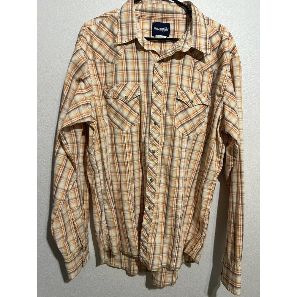 Wrangler Western Shirts Vintage Print Plaid Cowboy Men’s XL Orange Pearlsnap